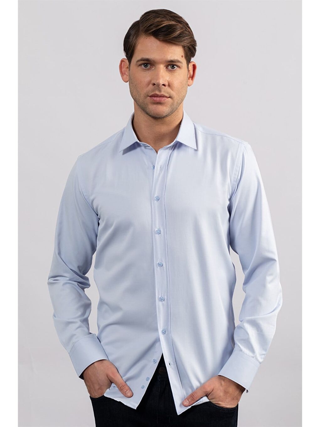 Erkek Modern Slim Fit Pamuklu Düz Mavi Gömlek