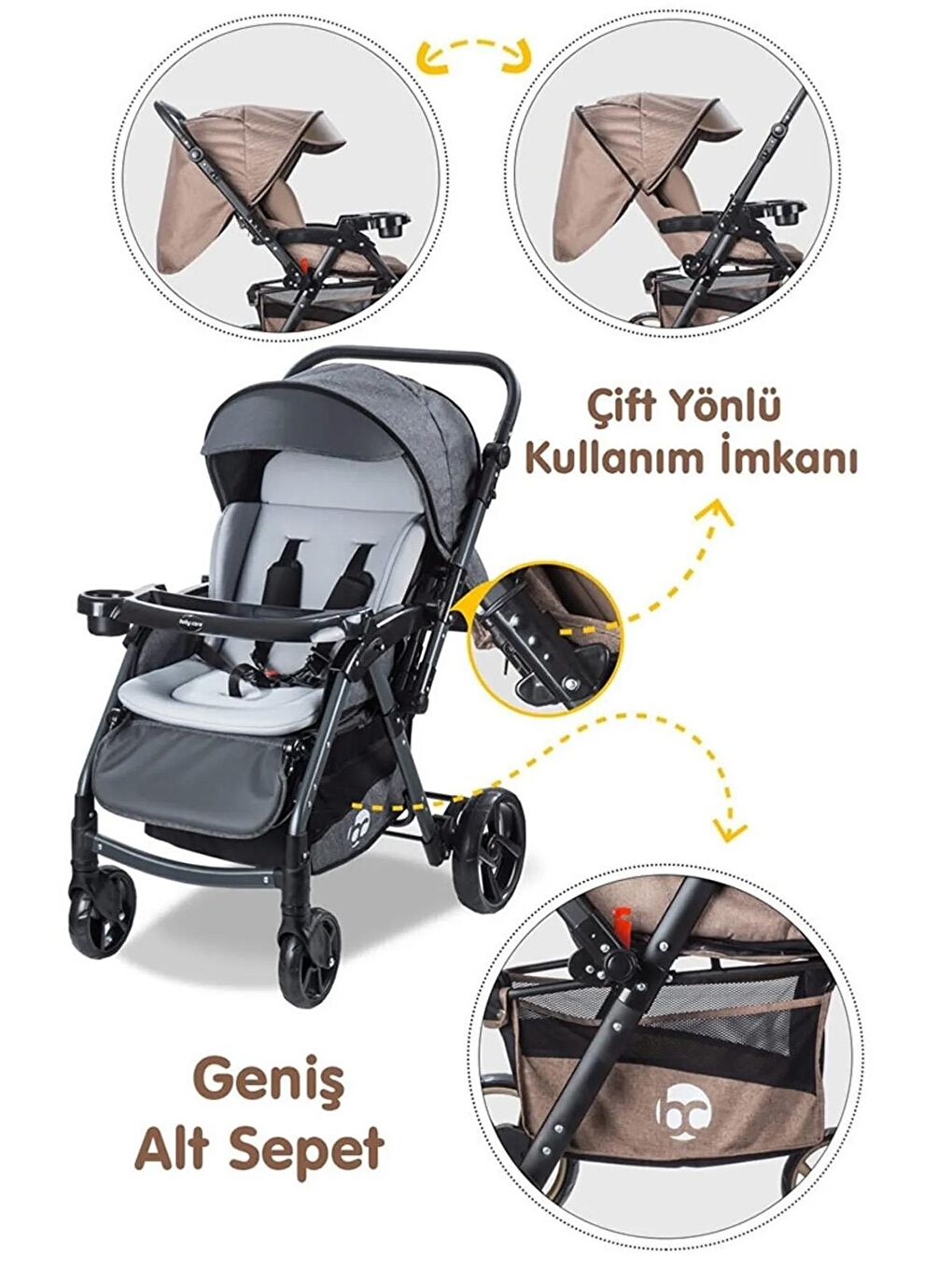 Combo Maxi Pro Çift Yönlü Bebek Arabası - Gri Standart-4