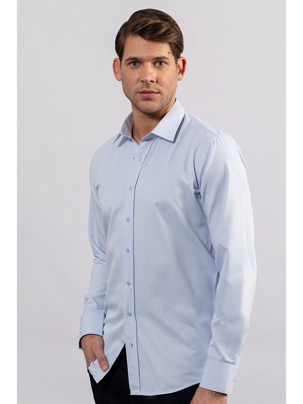 Erkek Modern Slim Fit Pamuklu Düz Mavi Gömlek-1