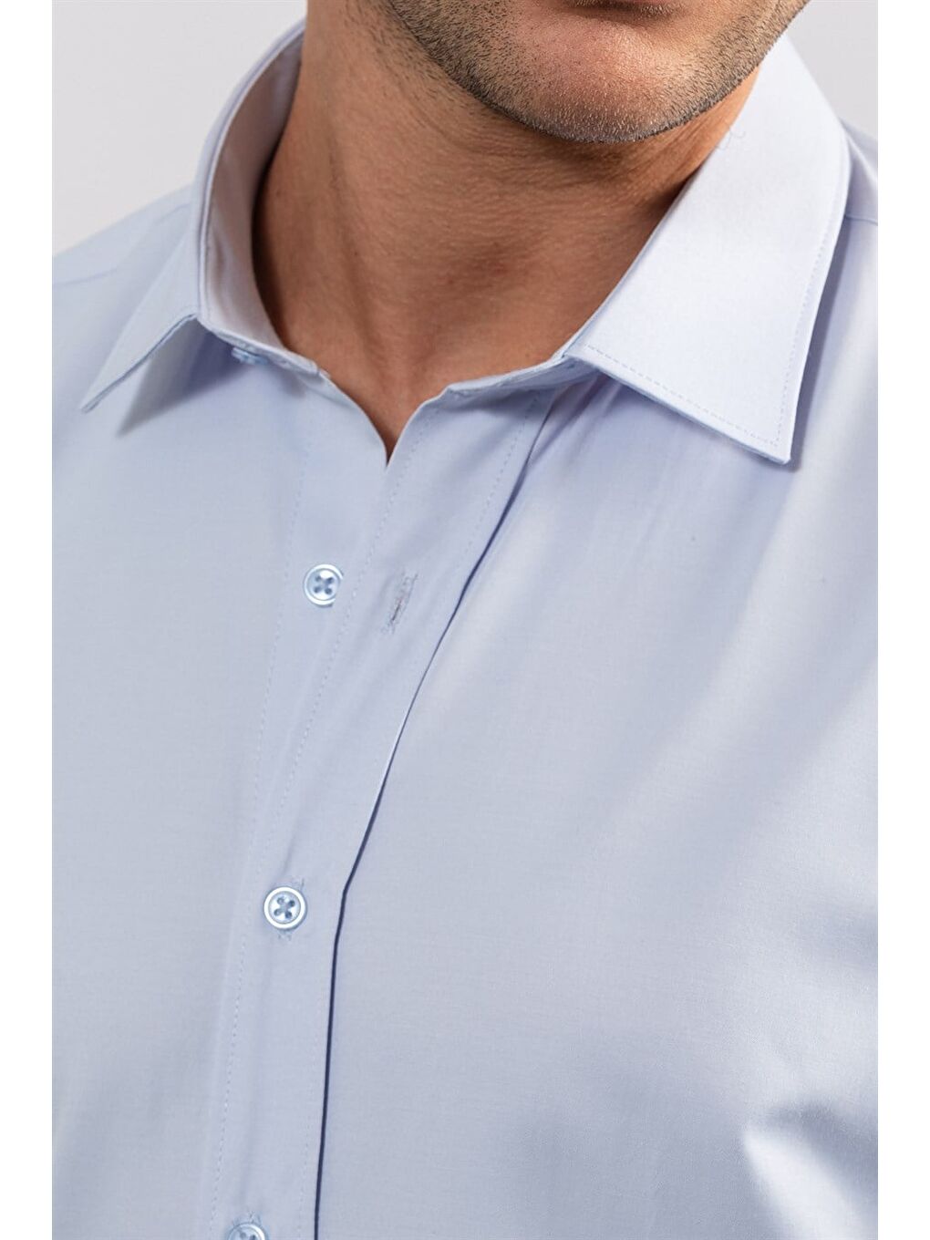 Erkek Modern Slim Fit Pamuklu Düz Mavi Gömlek-2