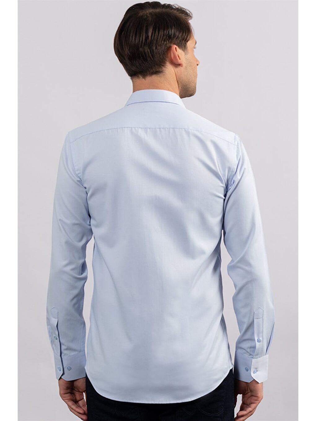 Erkek Modern Slim Fit Pamuklu Düz Mavi Gömlek-3