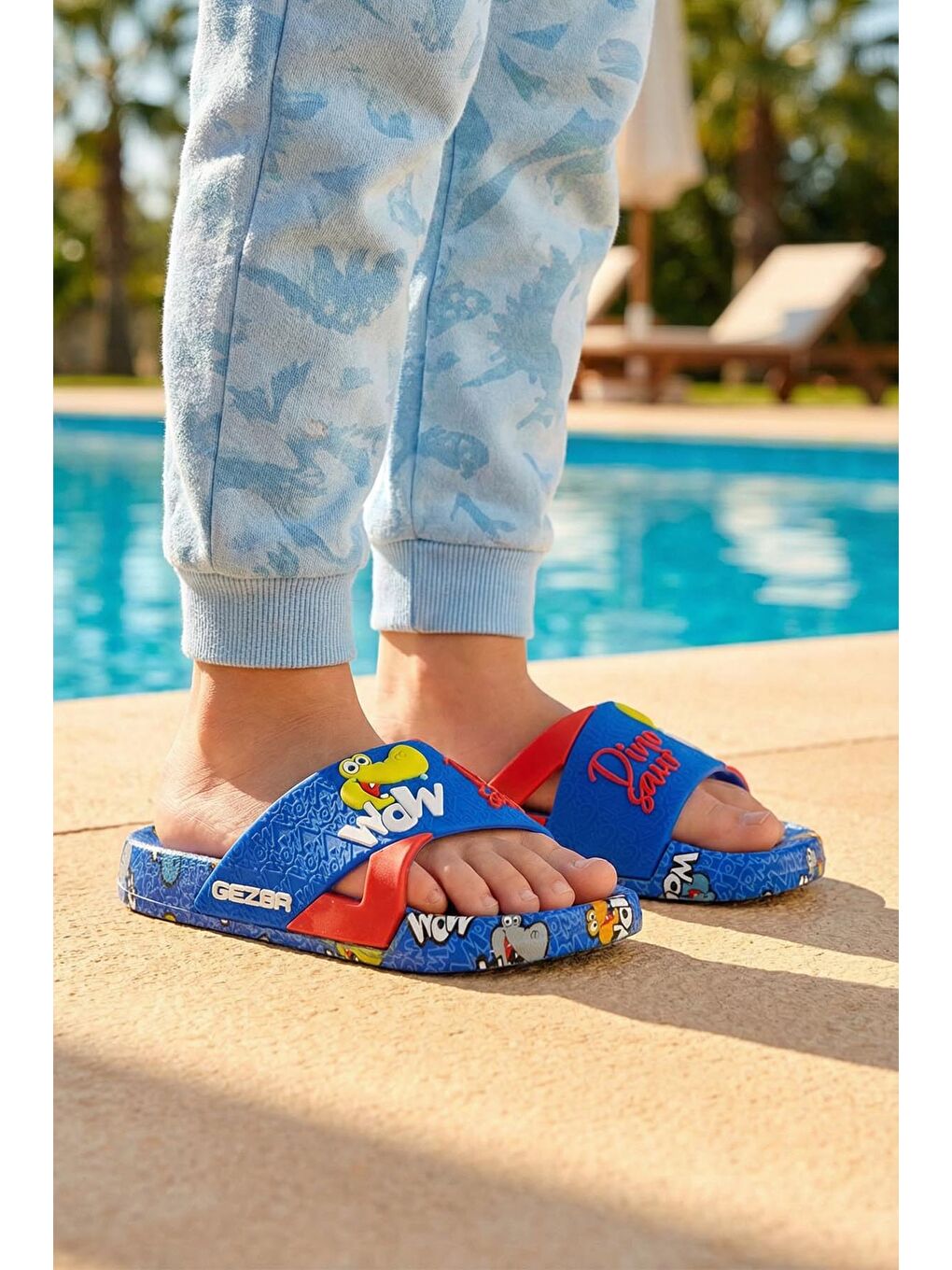 Mavi Kız Çocuk Yazlık Rahat Taban Dino Ev Bahçe Banyo Havuz Plaj Günlük Terlik
