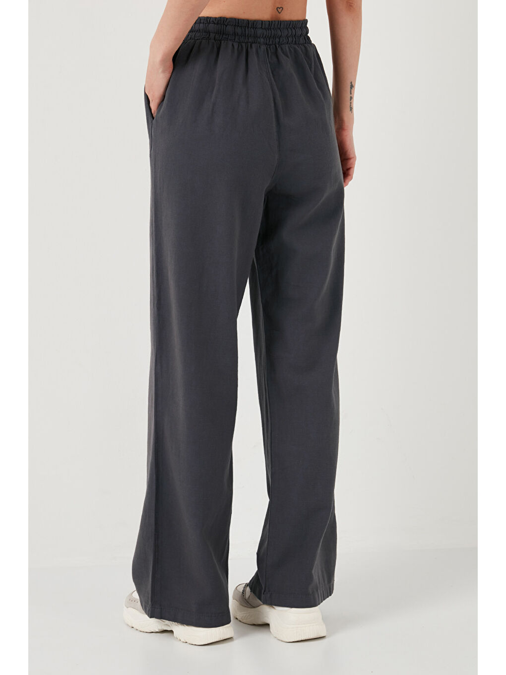 Antrasit Pamuklu Relaxed Fit Yüksek Bel Bol Paça Kadın Pantolon 668Yp5118-5