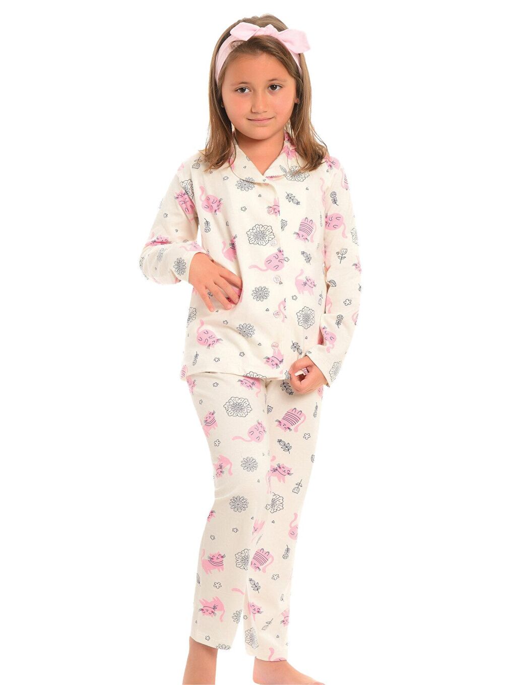 Ekru Pamuklu Uzun Kollu Desenli Düz Paça Kız Çocuk Pijama Takım