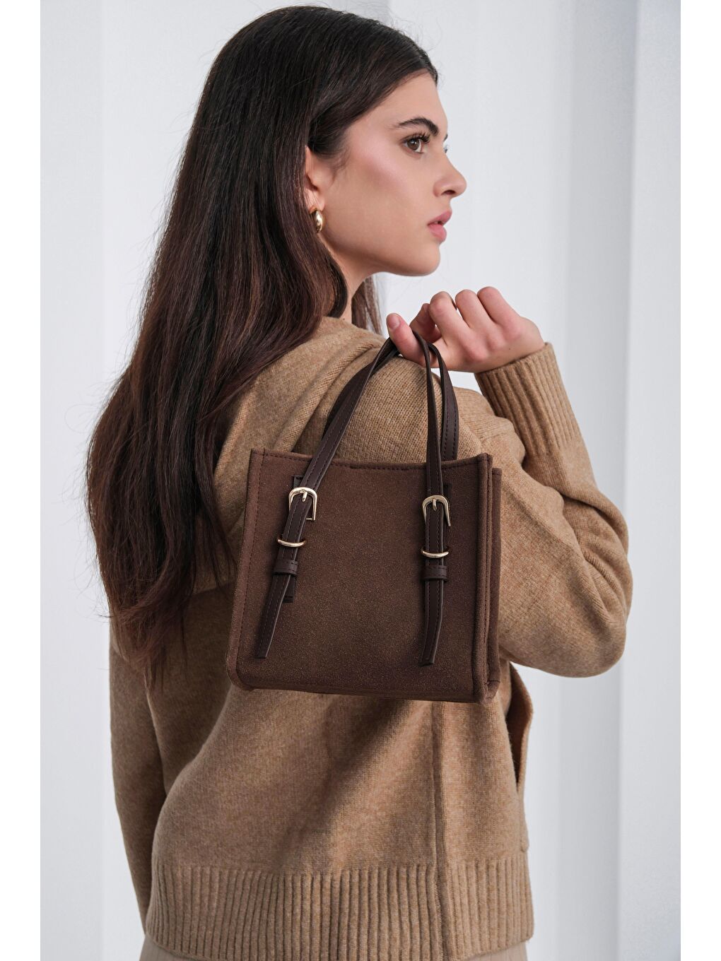 Kahverengi Luxe Kemer Detaylı Süet Çapraz Çanta Kahve-5