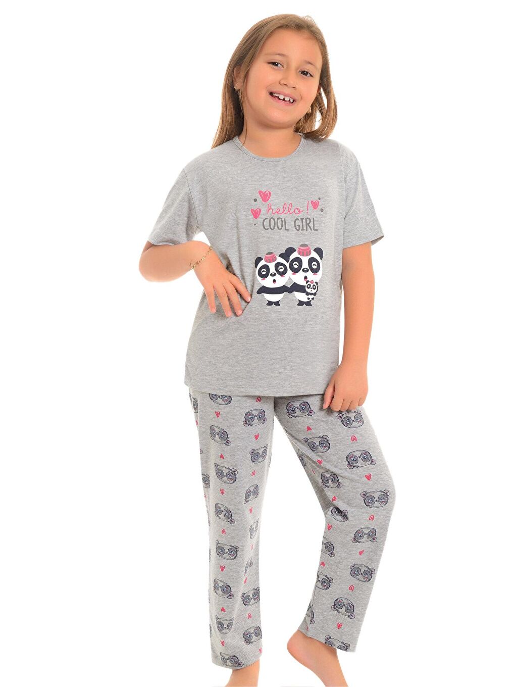 LITTLE FROG KIDS Gri Pamuklu Kısa Kollu Desenli Düz Paça Kız Çocuk Pijama Takım