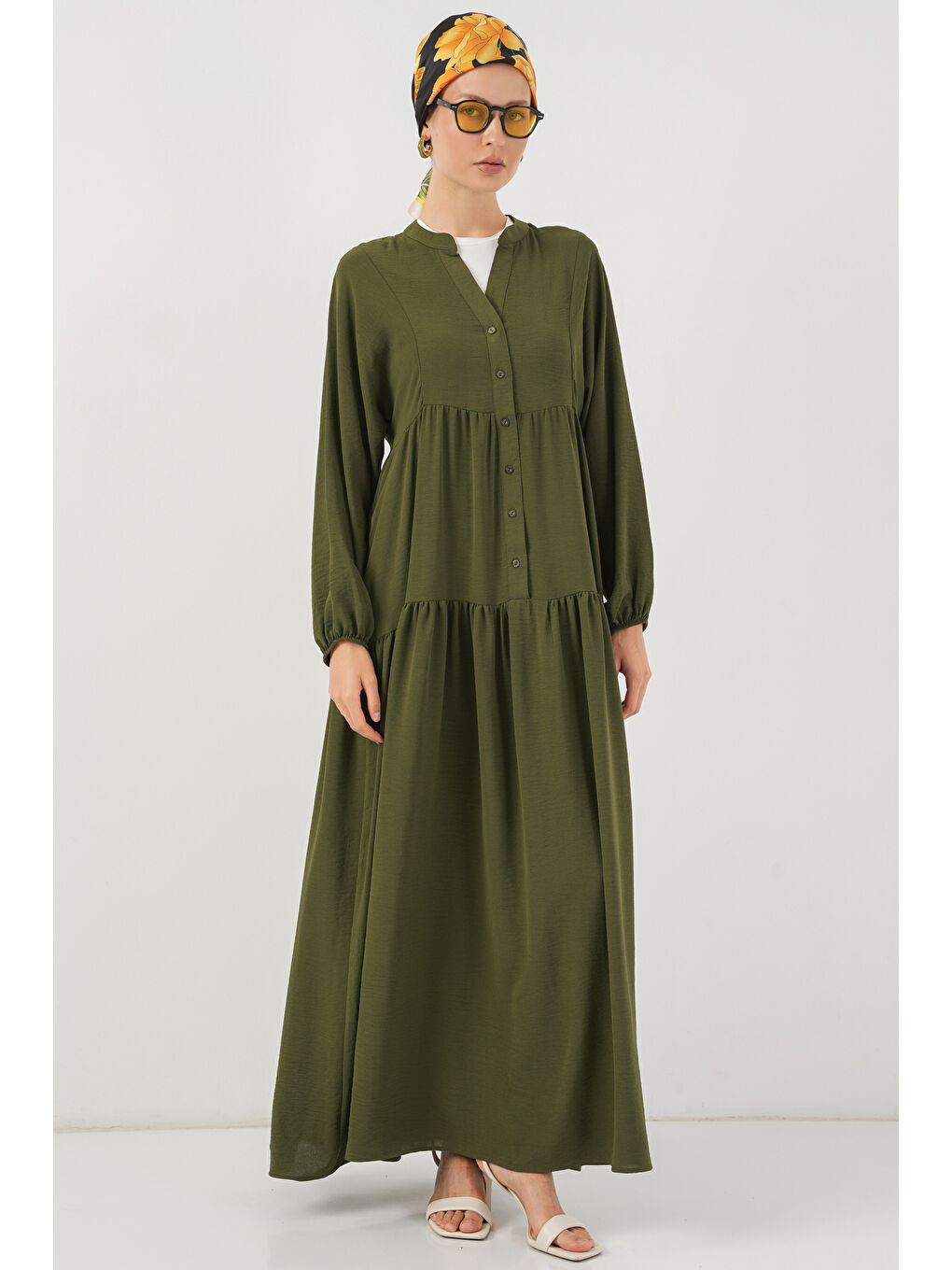 2527 Kadın Uzun Tesettür Elbise - Haki