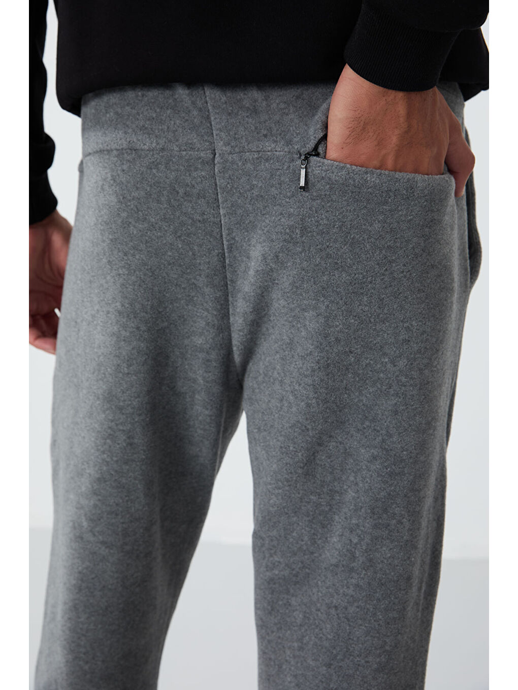 Gri Melanj Gizli Fermuarlı Rahat Form Lastik Paça Polar  Eşofman Alt - 84866-4