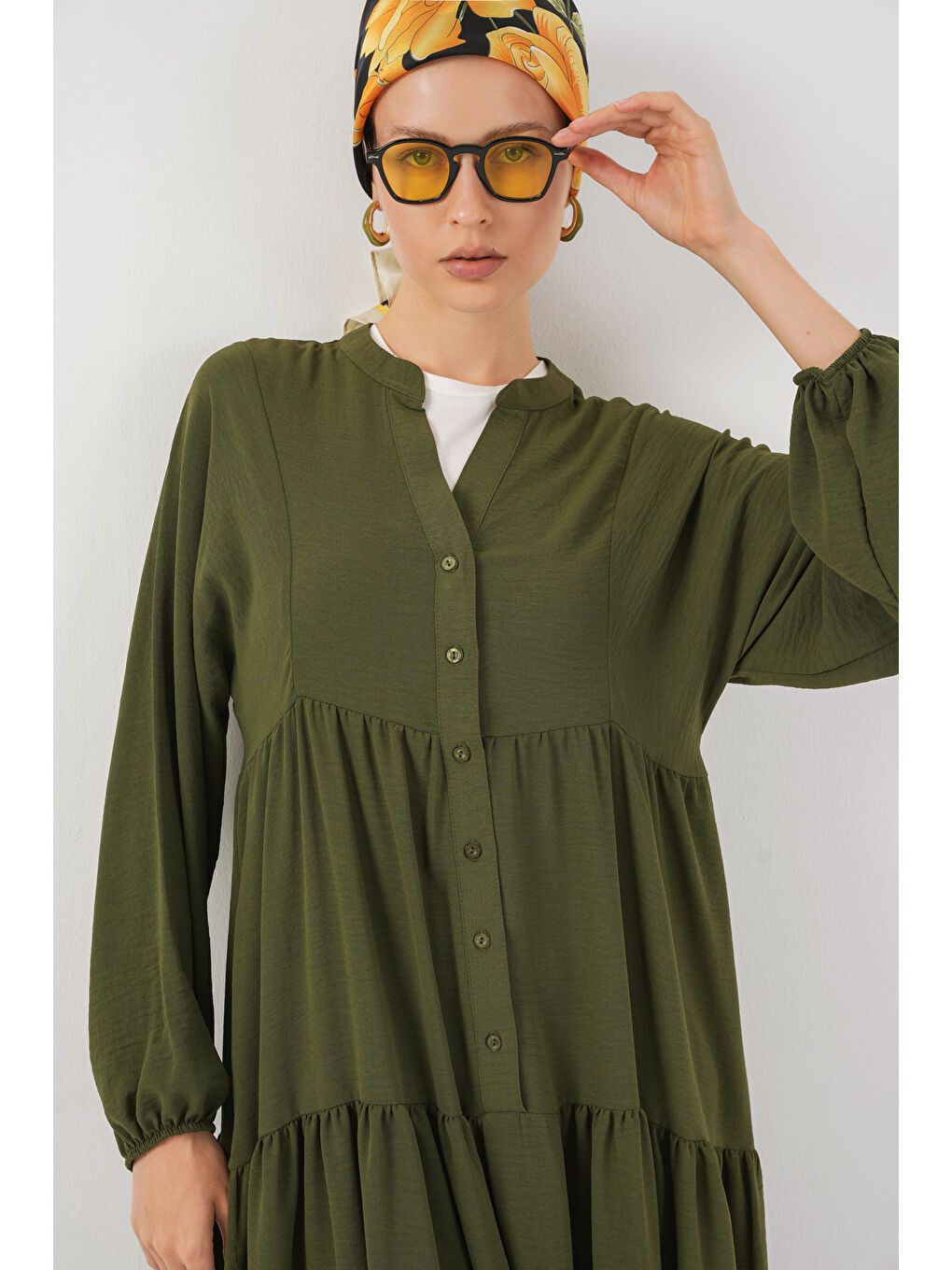 2527 Kadın Uzun Tesettür Elbise - Haki-1