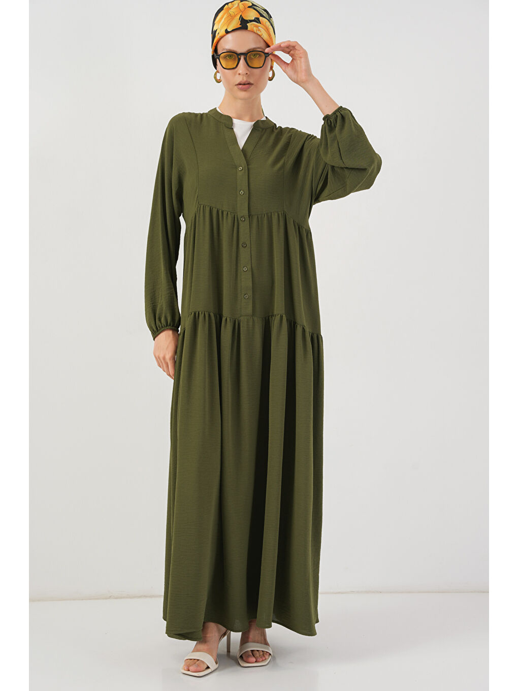 2527 Kadın Uzun Tesettür Elbise - Haki-2