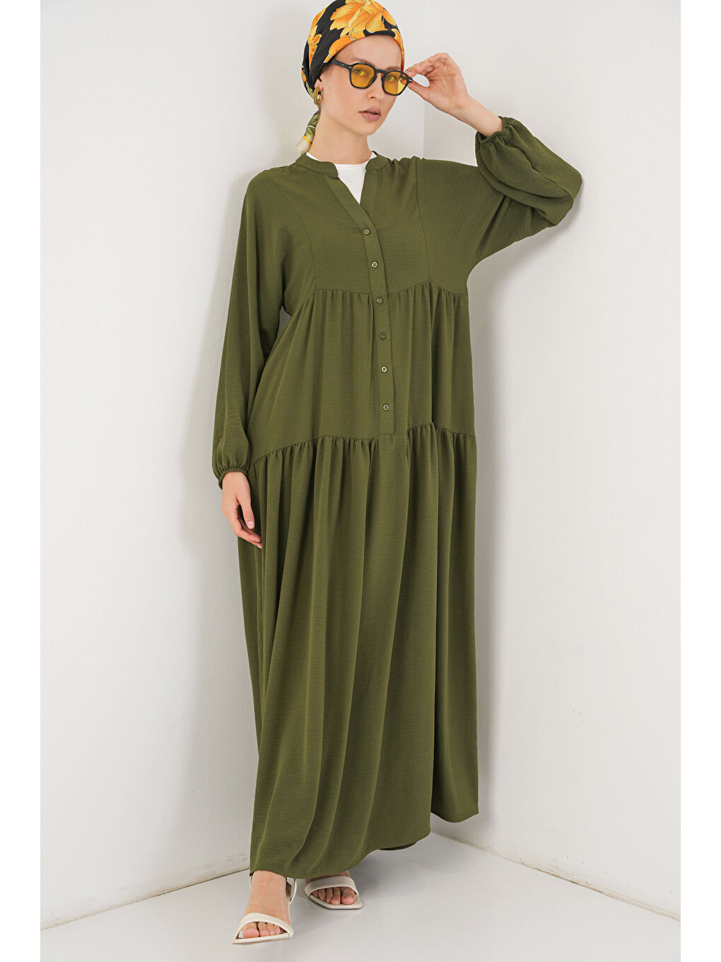 2527 Kadın Uzun Tesettür Elbise - Haki-3