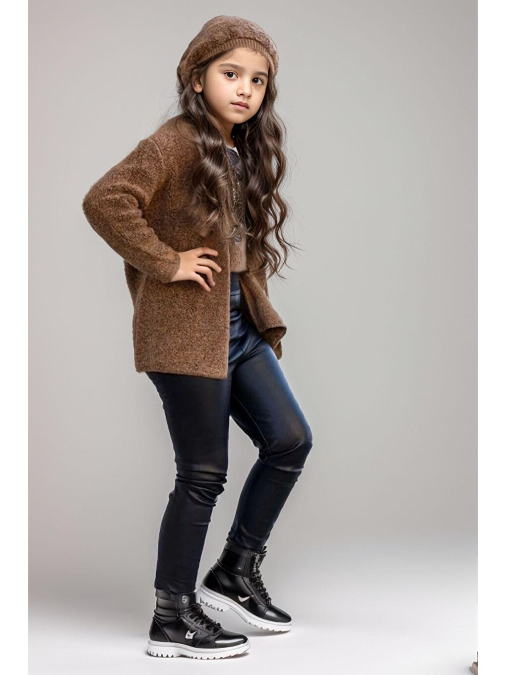 Kız Çocuk Deri Taytlı, Triko Kahverengi Alt Üst Takım