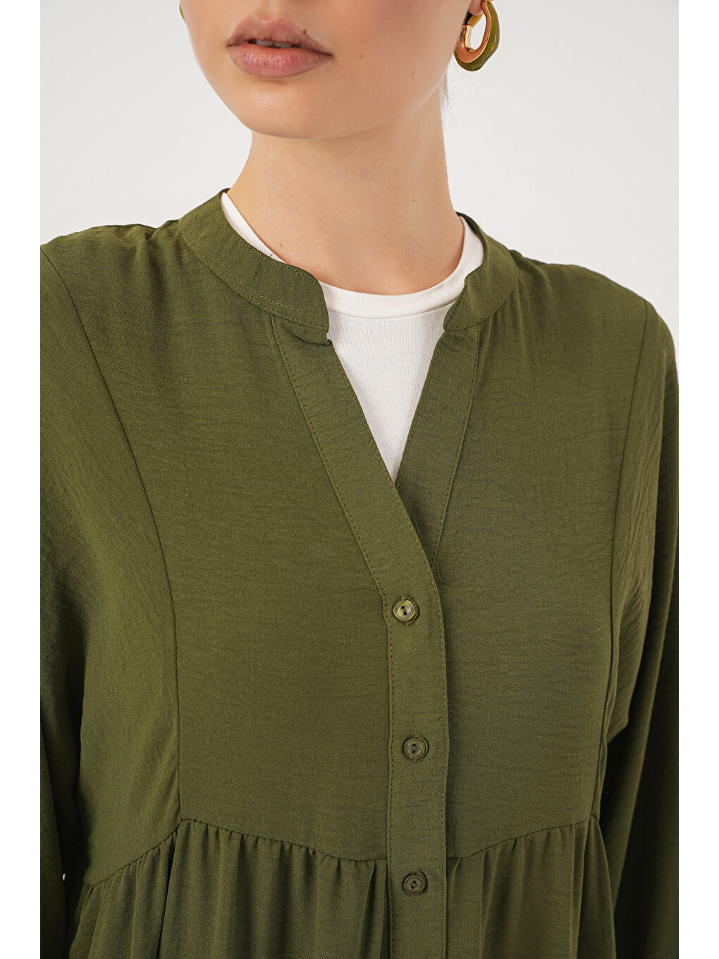 2527 Kadın Uzun Tesettür Elbise - Haki-4