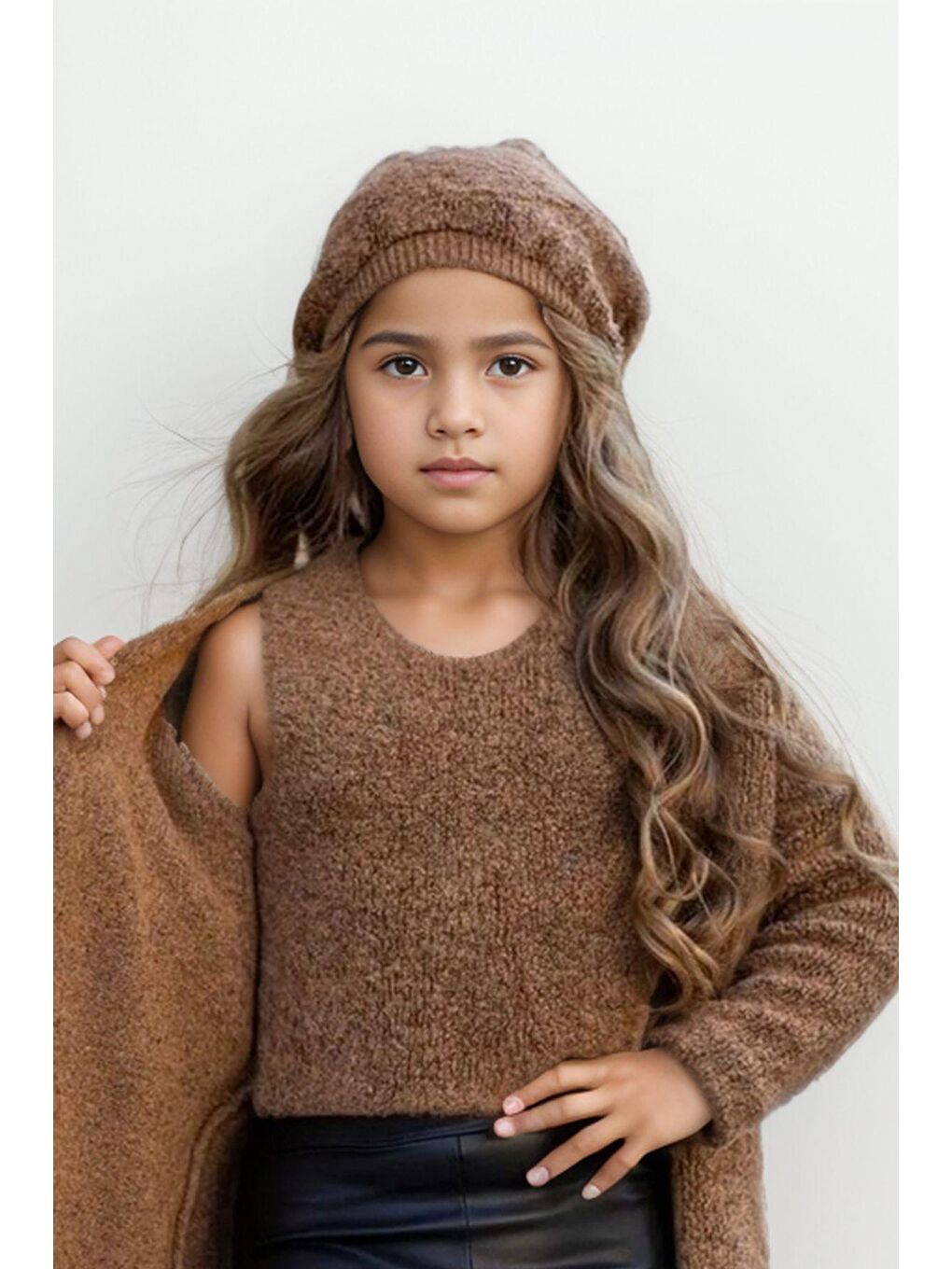 Kız Çocuk Deri Taytlı, Triko Kahverengi Alt Üst Takım-2