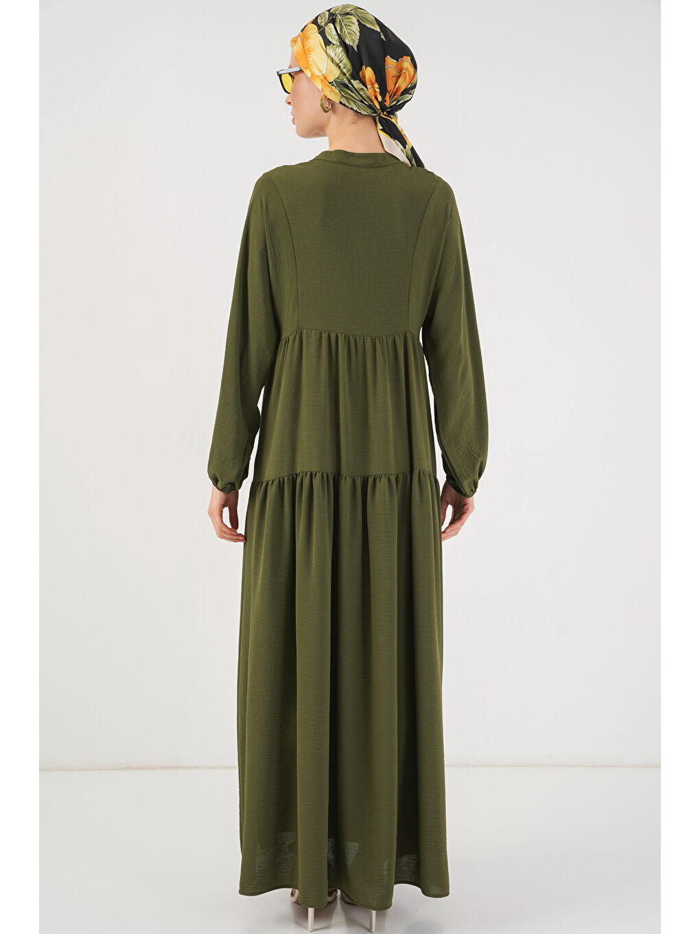 2527 Kadın Uzun Tesettür Elbise - Haki-5