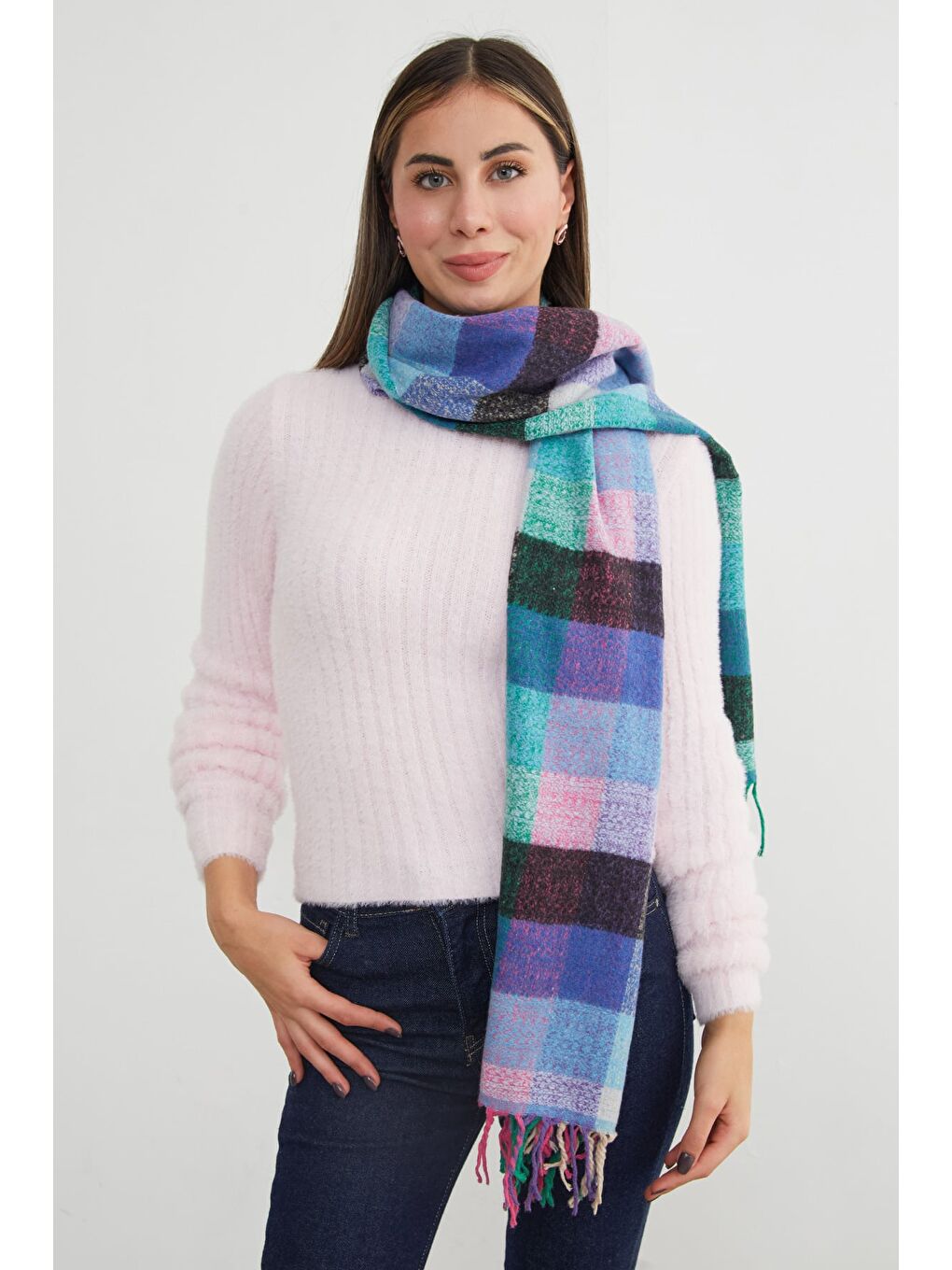 Mavi Ekose Desenli Yumuşak Dokulu Şal-1