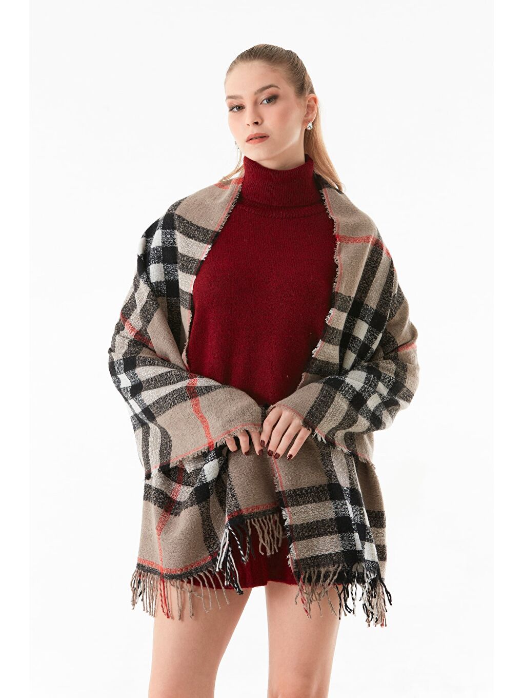 Bej Ekose Desenli Yumuşak Dokulu Şal