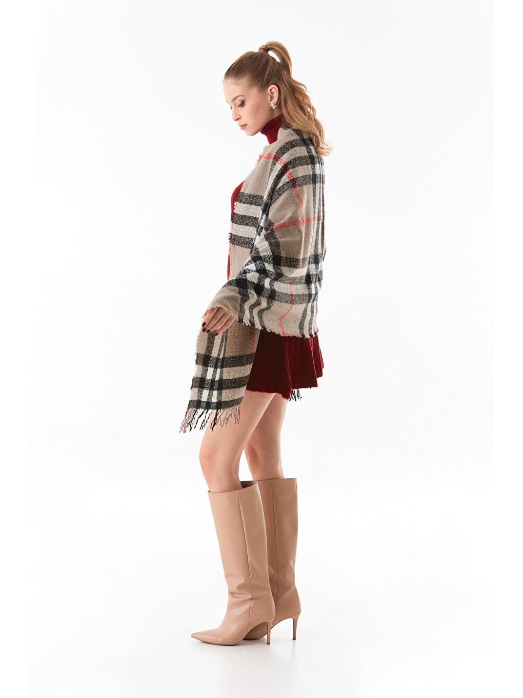 Bej Ekose Desenli Yumuşak Dokulu Şal-3