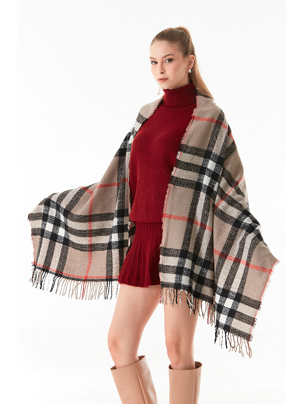 Bej Ekose Desenli Yumuşak Dokulu Şal-4