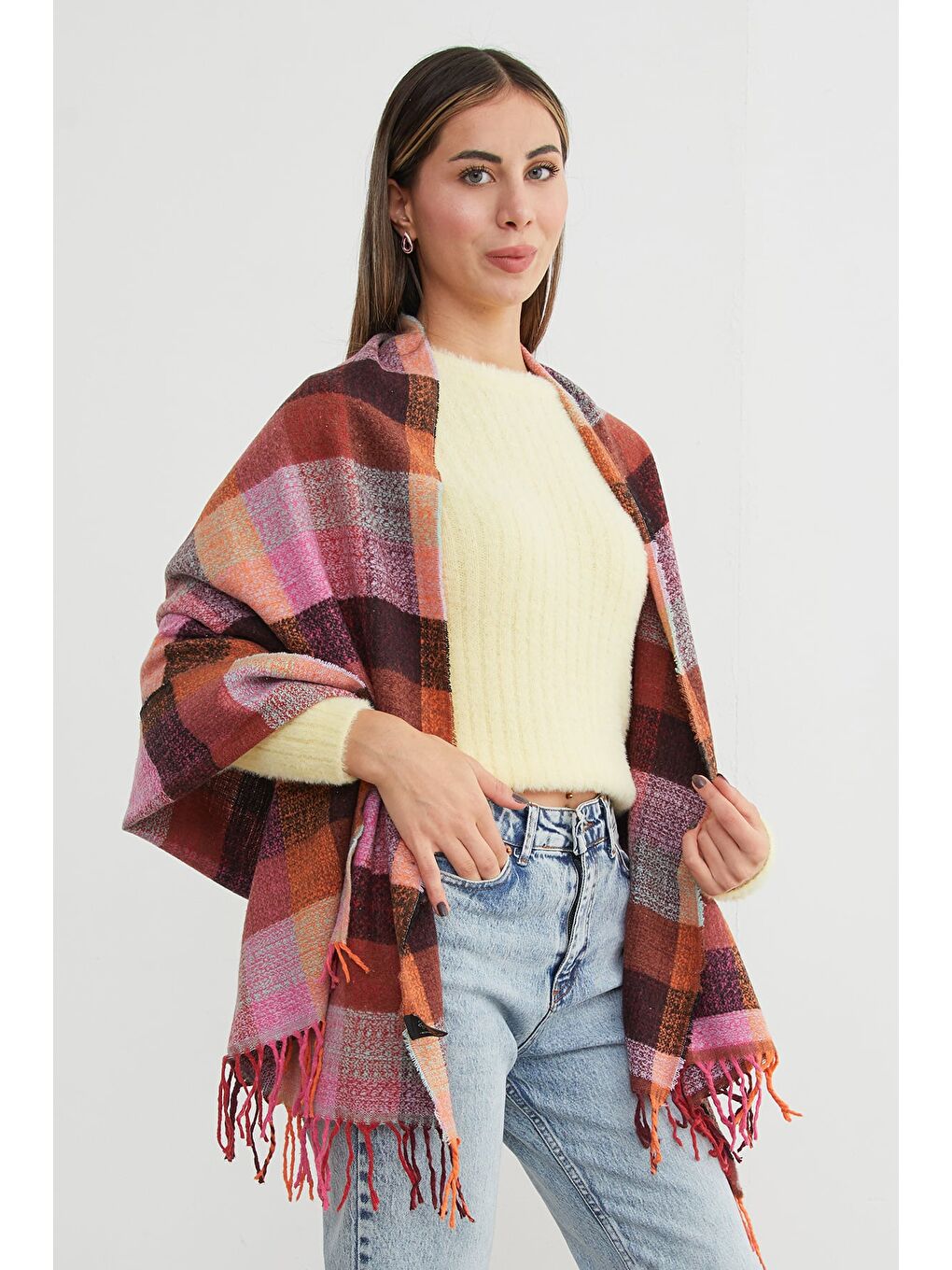 Pembe Ekose Desenli Yumuşak Dokulu Şal