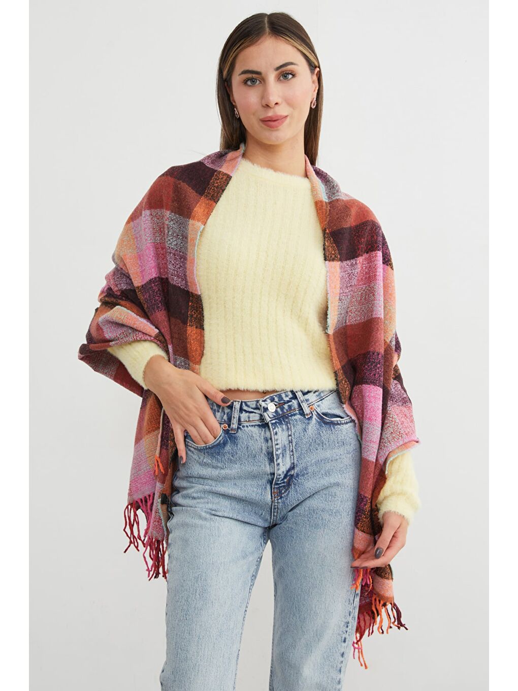 Pembe Ekose Desenli Yumuşak Dokulu Şal-1