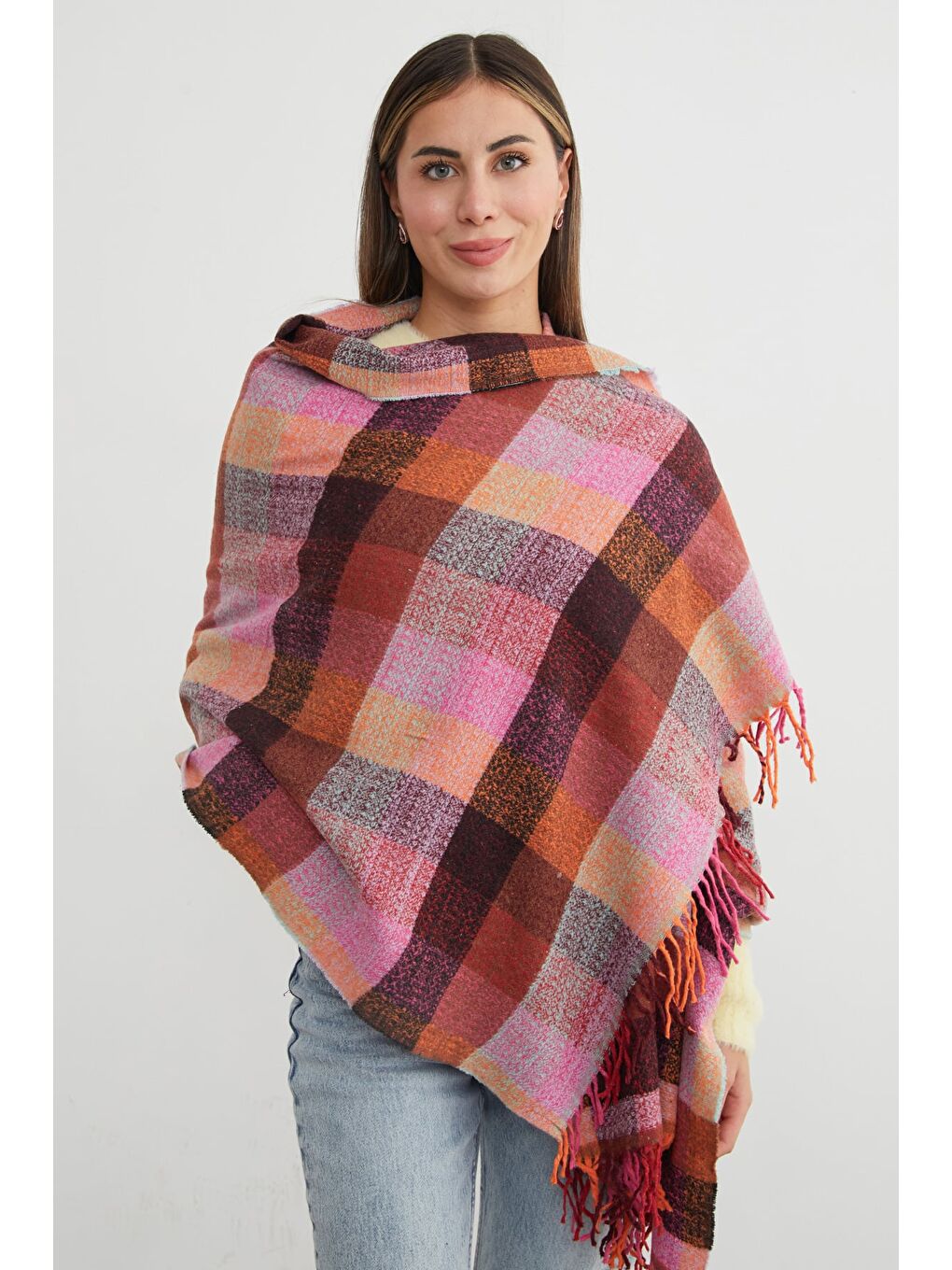 Pembe Ekose Desenli Yumuşak Dokulu Şal-3