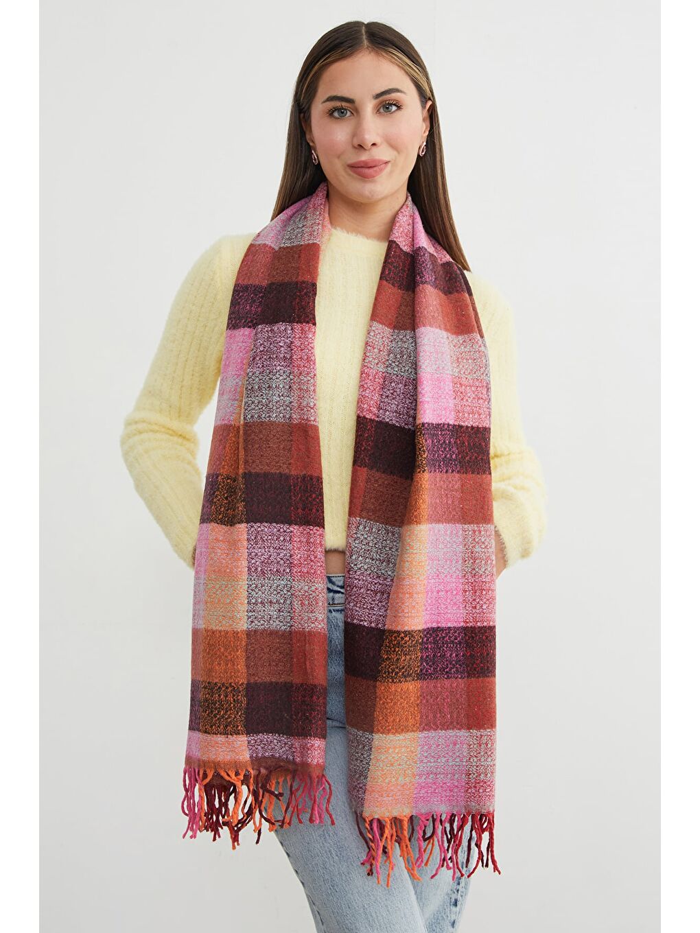 Pembe Ekose Desenli Yumuşak Dokulu Şal-4