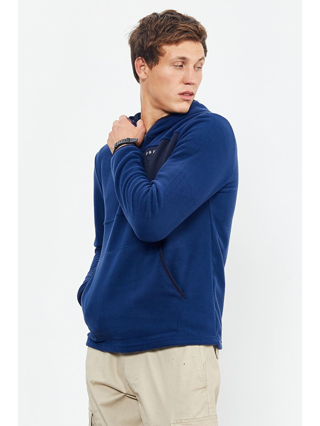 İndigo Nakışlı Yarım Fermuar Kapüşonlu Standart Kalıp Erkek Polar Sweatshirt - 87996