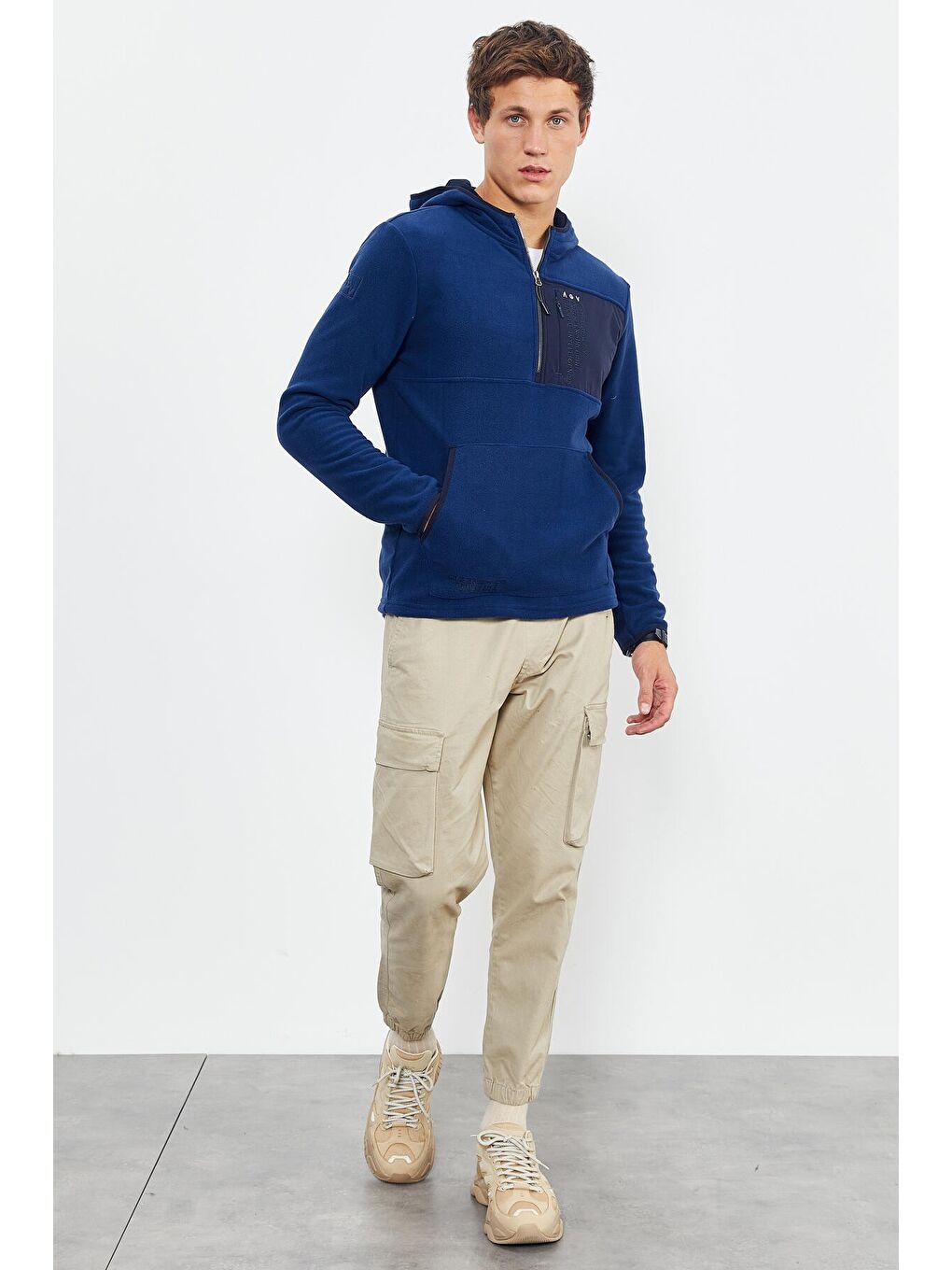 İndigo Nakışlı Yarım Fermuar Kapüşonlu Standart Kalıp Erkek Polar Sweatshirt - 87996-3