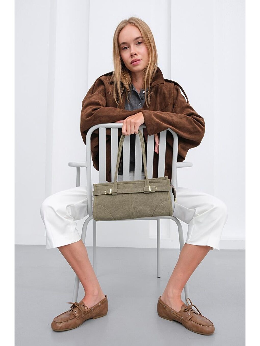 Bej Enyola Bowling Vintage Süet Çanta Vizon-4