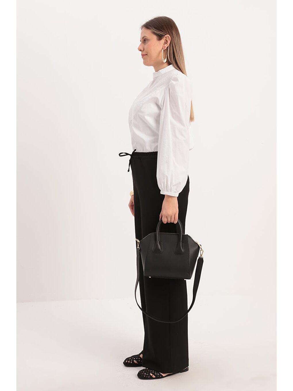 Siyah-Beli Lastikli Kordonlu Pantolon-2