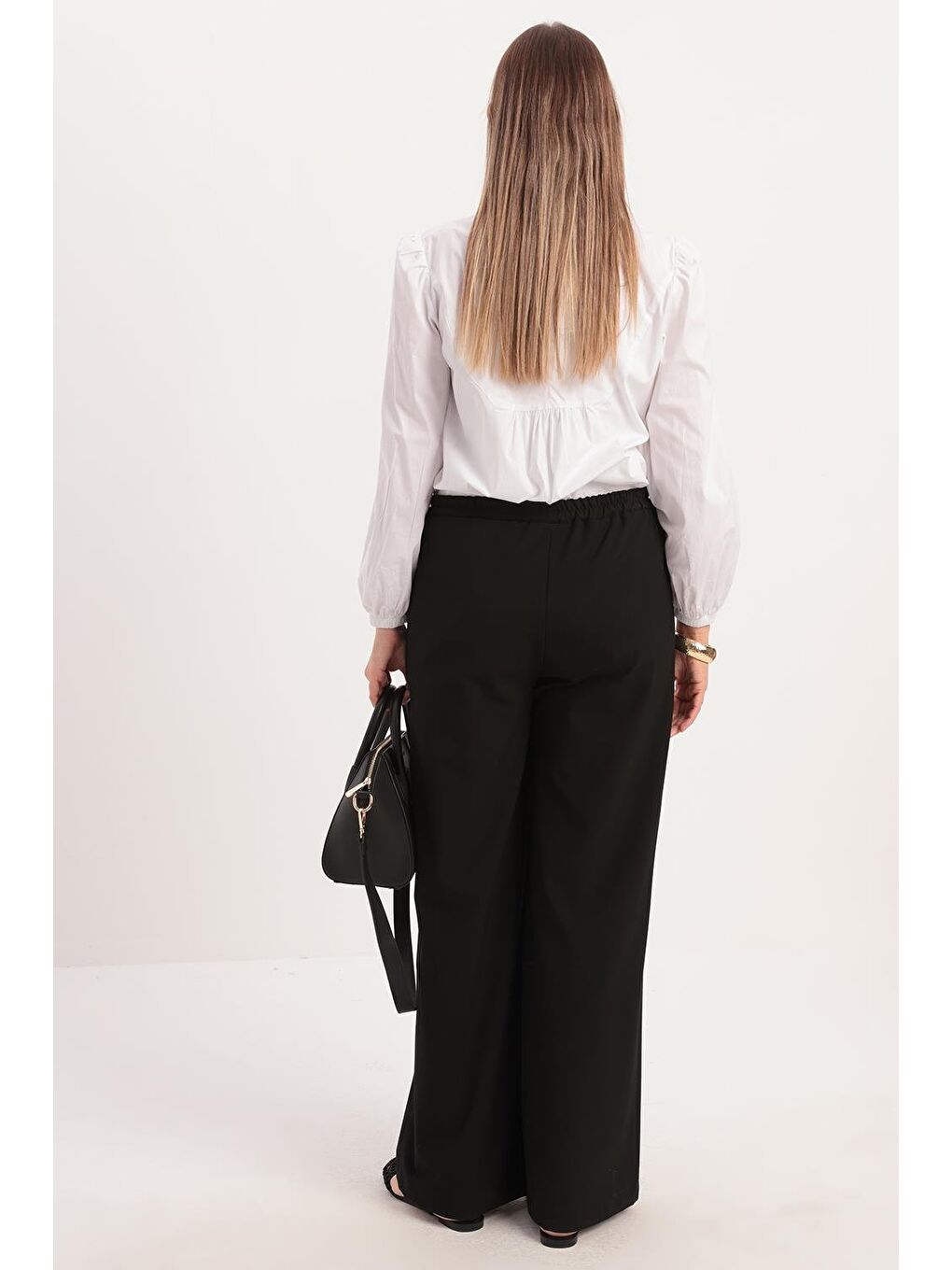 Siyah-Beli Lastikli Kordonlu Pantolon-3