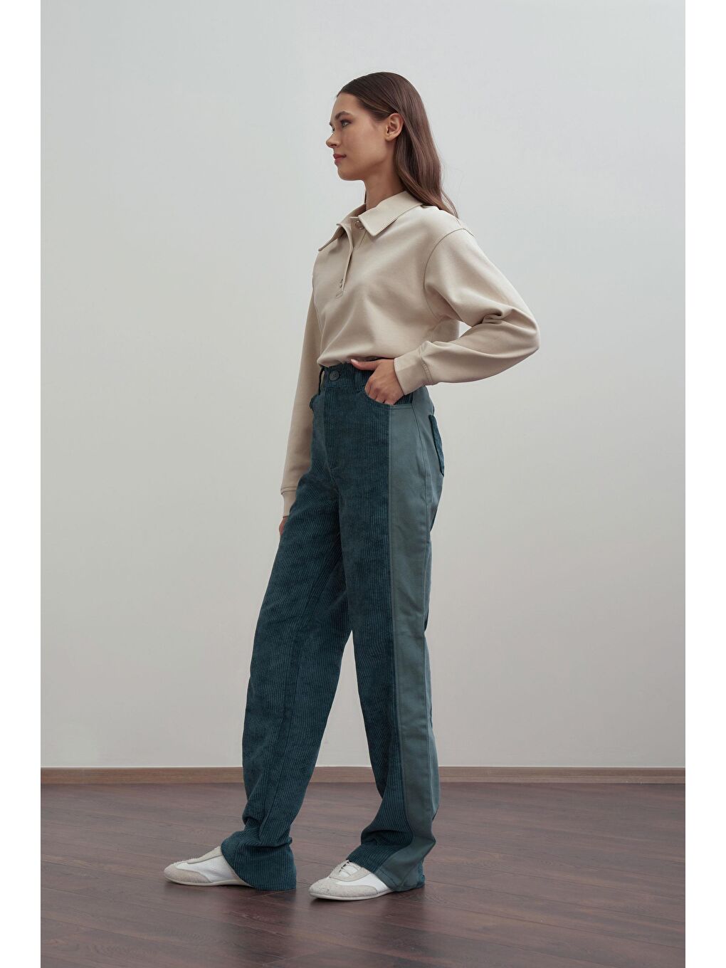 Petrol-Kumaş Mixli Pantolon-1