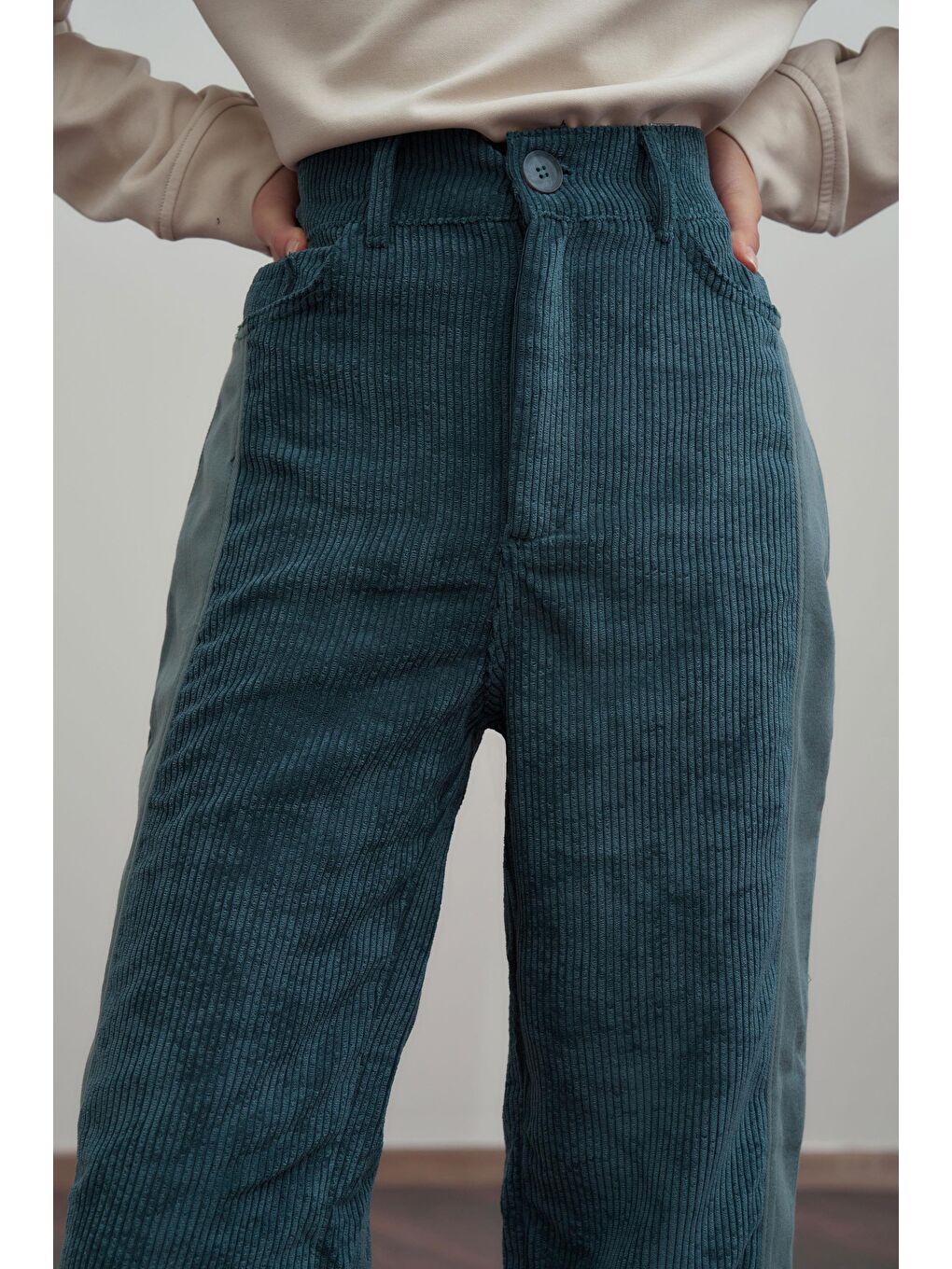 Petrol-Kumaş Mixli Pantolon-3