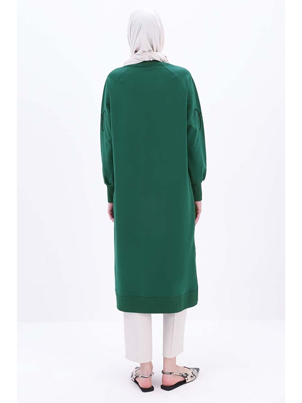 Zümrüt Yeşili Büyük Beden Nakışlı Uzun Sweat Tunik-3
