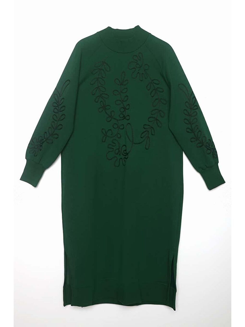Zümrüt Yeşili Büyük Beden Nakışlı Uzun Sweat Tunik-5