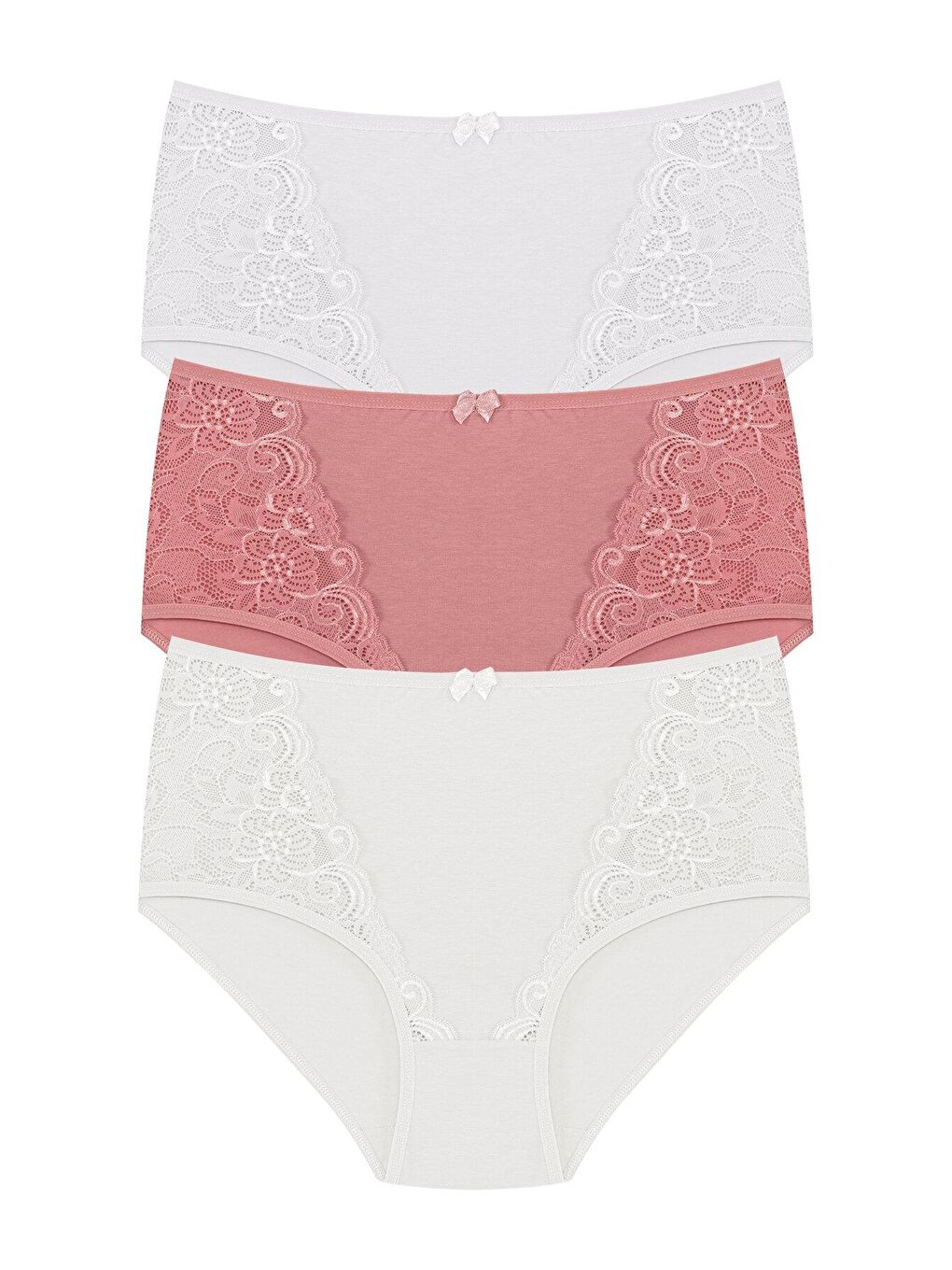 Beyaz Pamuklu Önü Dantel Detay Yüksek Bel Büyük Beden Kadın Külot 3'lü