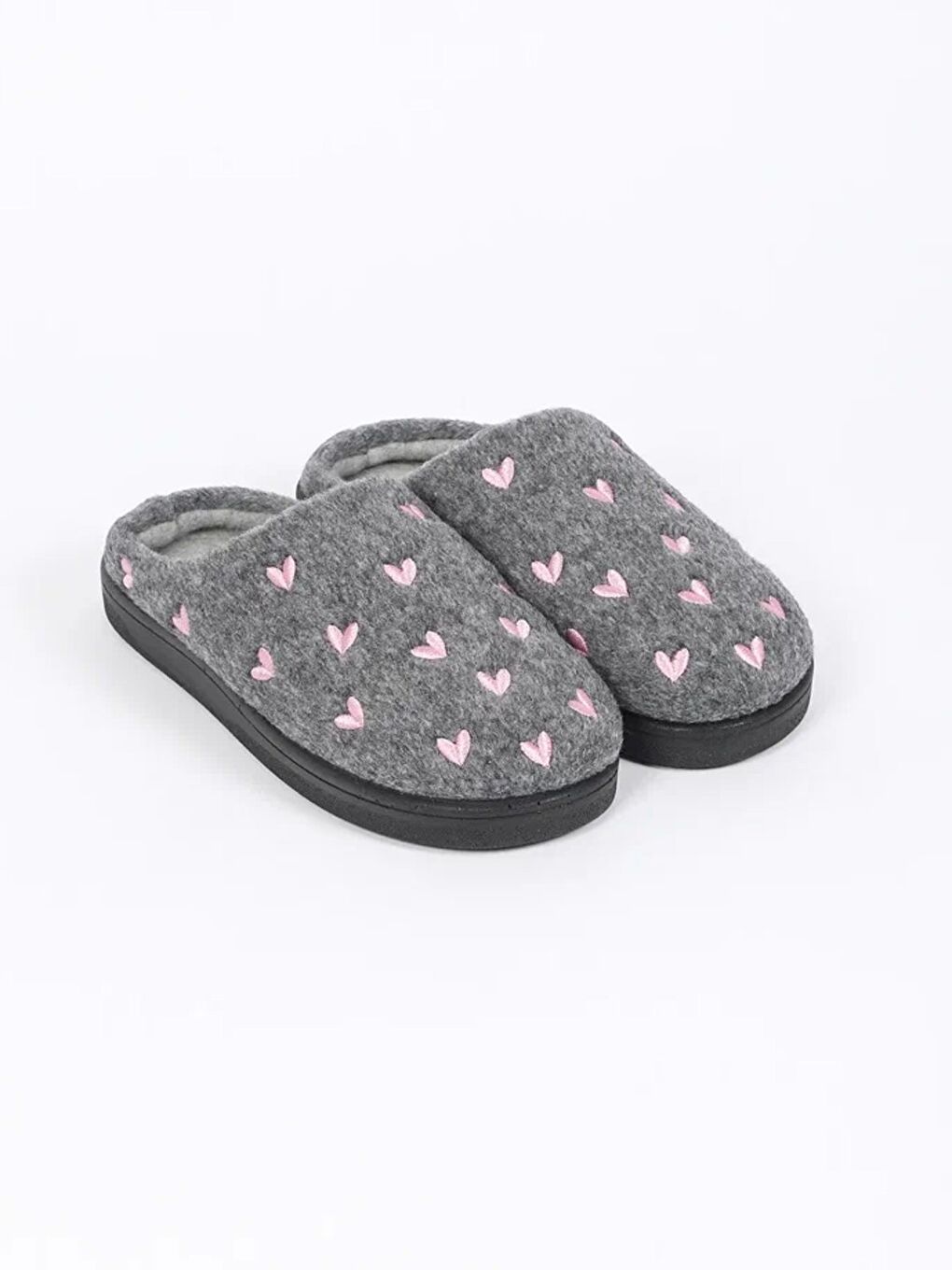 Gri Kadın Kalp Desenli Ev İçi Ayakkabı - Herz