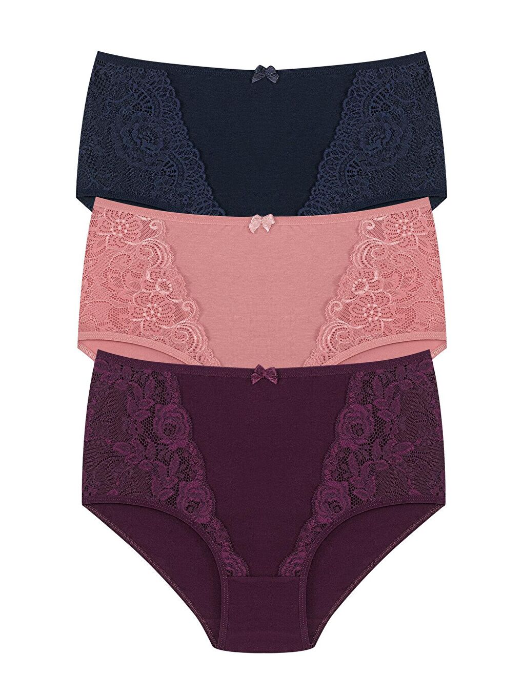 Lacivert Pamuklu Önü Dantel Detay Yüksek Bel Büyük Beden Kadın Külot 3'lü