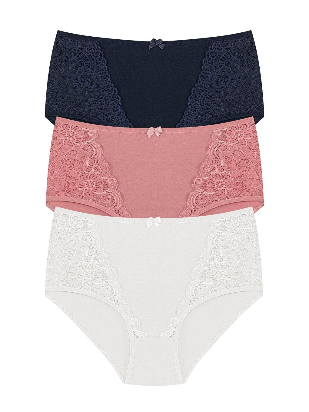 Lacivert Pamuklu Önü Dantel Detay Yüksek Bel Büyük Beden Kadın Külot 3'lü