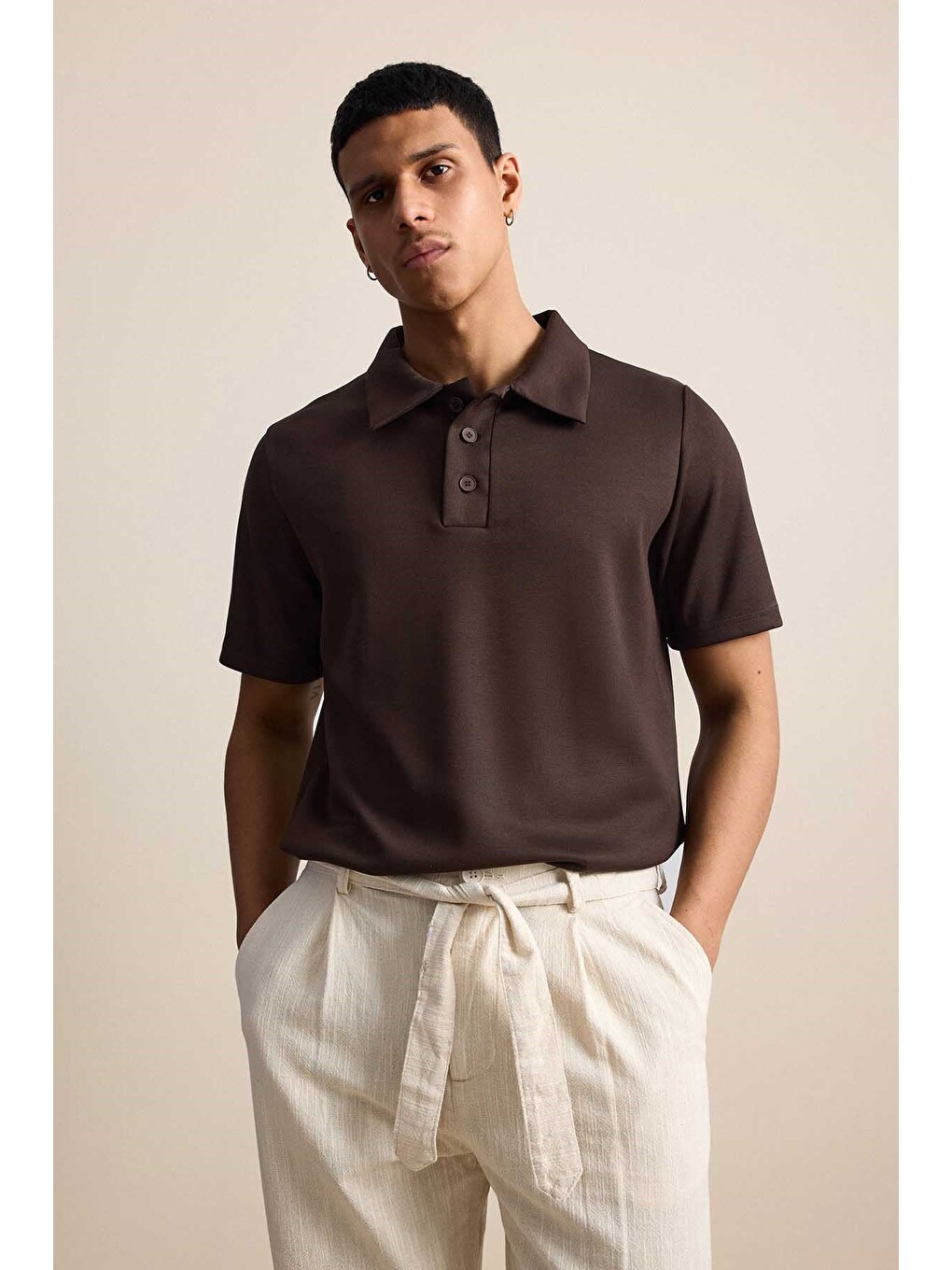 Erkek Relaxed Fit Basic Polo Yaka Tişört Kahverengi-2