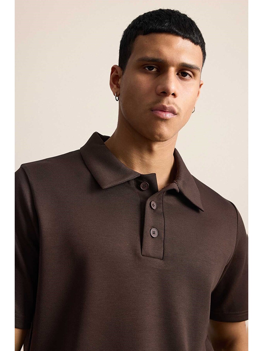 Erkek Relaxed Fit Basic Polo Yaka Tişört Kahverengi-3