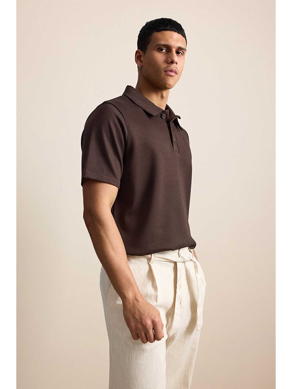 Erkek Relaxed Fit Basic Polo Yaka Tişört Kahverengi-4
