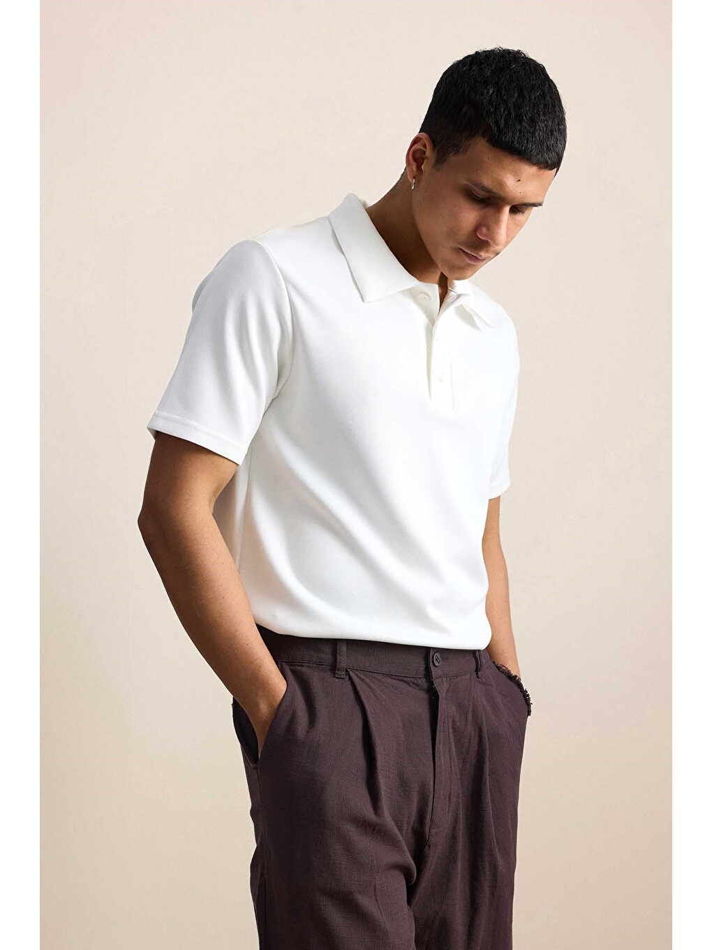 Erkek Relaxed Fit Basic Polo Yaka Tişört Ekru-2