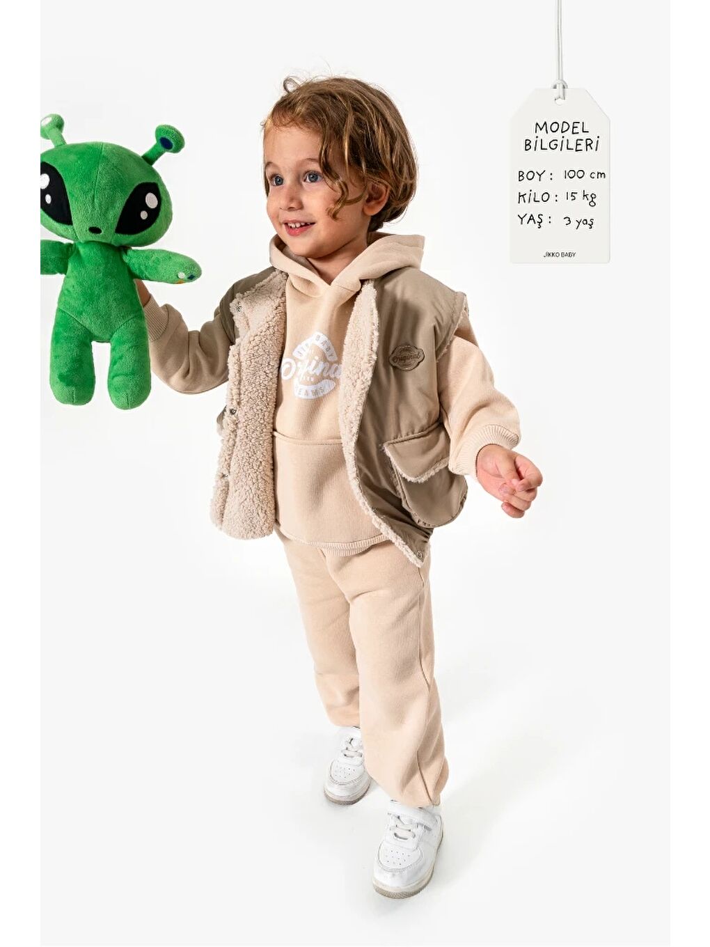 Bej Kapüşonlu Yelekli 3’lü Unisex Bebek Takım 8173-1