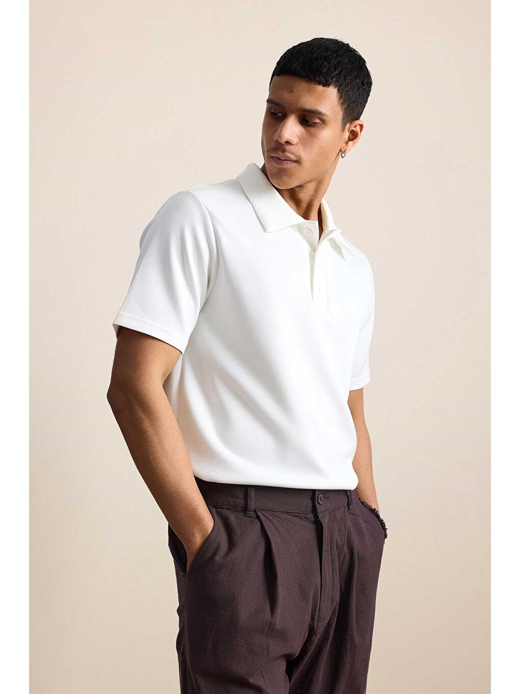 Erkek Relaxed Fit Basic Polo Yaka Tişört Ekru-4