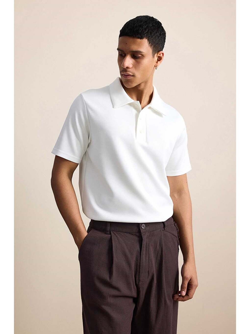 Erkek Relaxed Fit Basic Polo Yaka Tişört Ekru-5