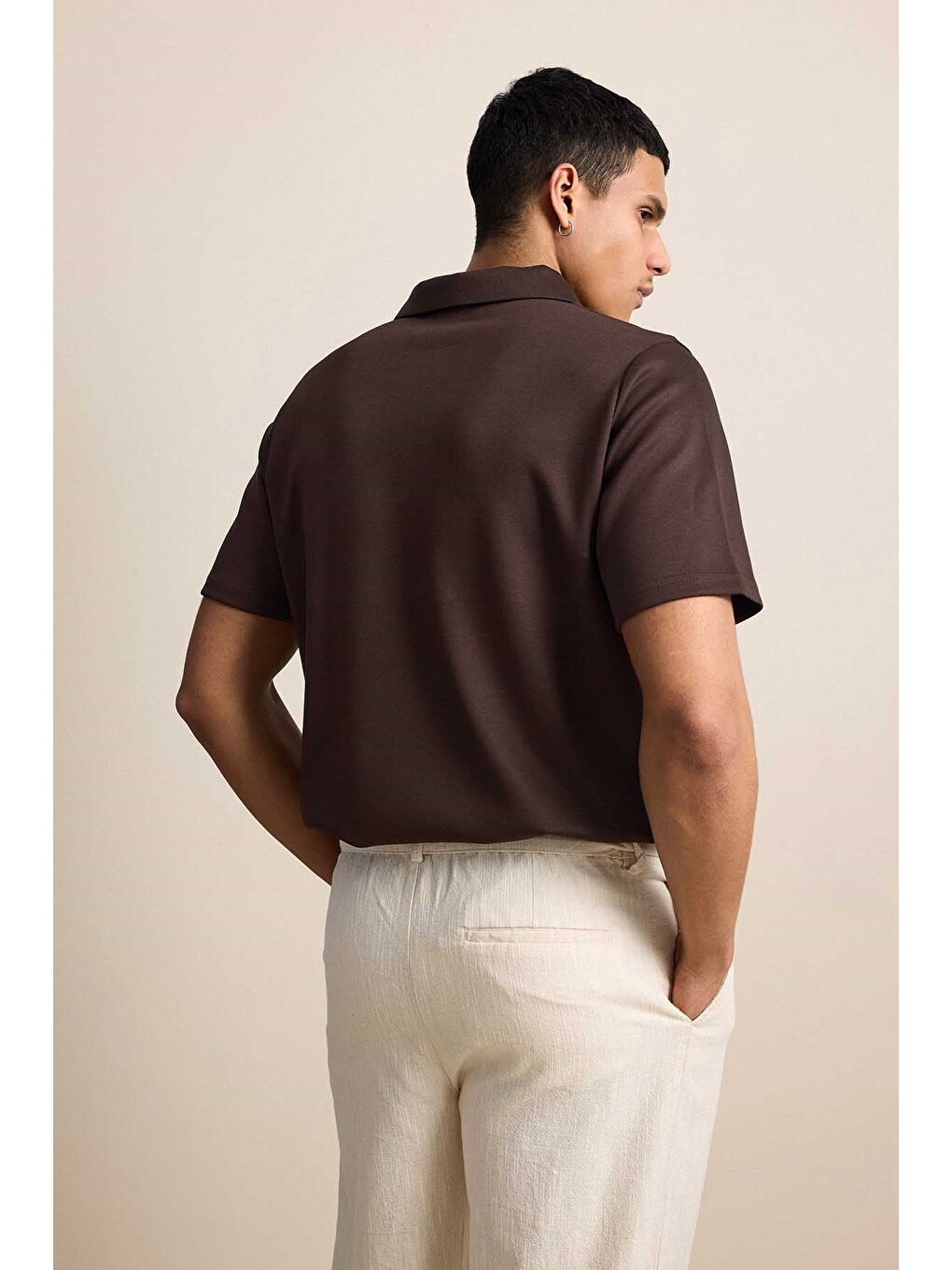 Erkek Relaxed Fit Basic Polo Yaka Tişört Kahverengi-5