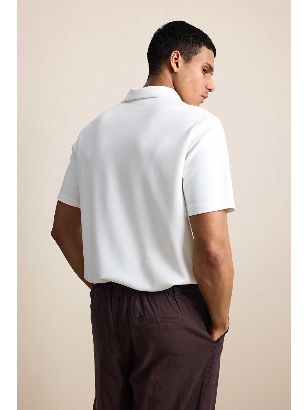Erkek Relaxed Fit Basic Polo Yaka Tişört Ekru-6