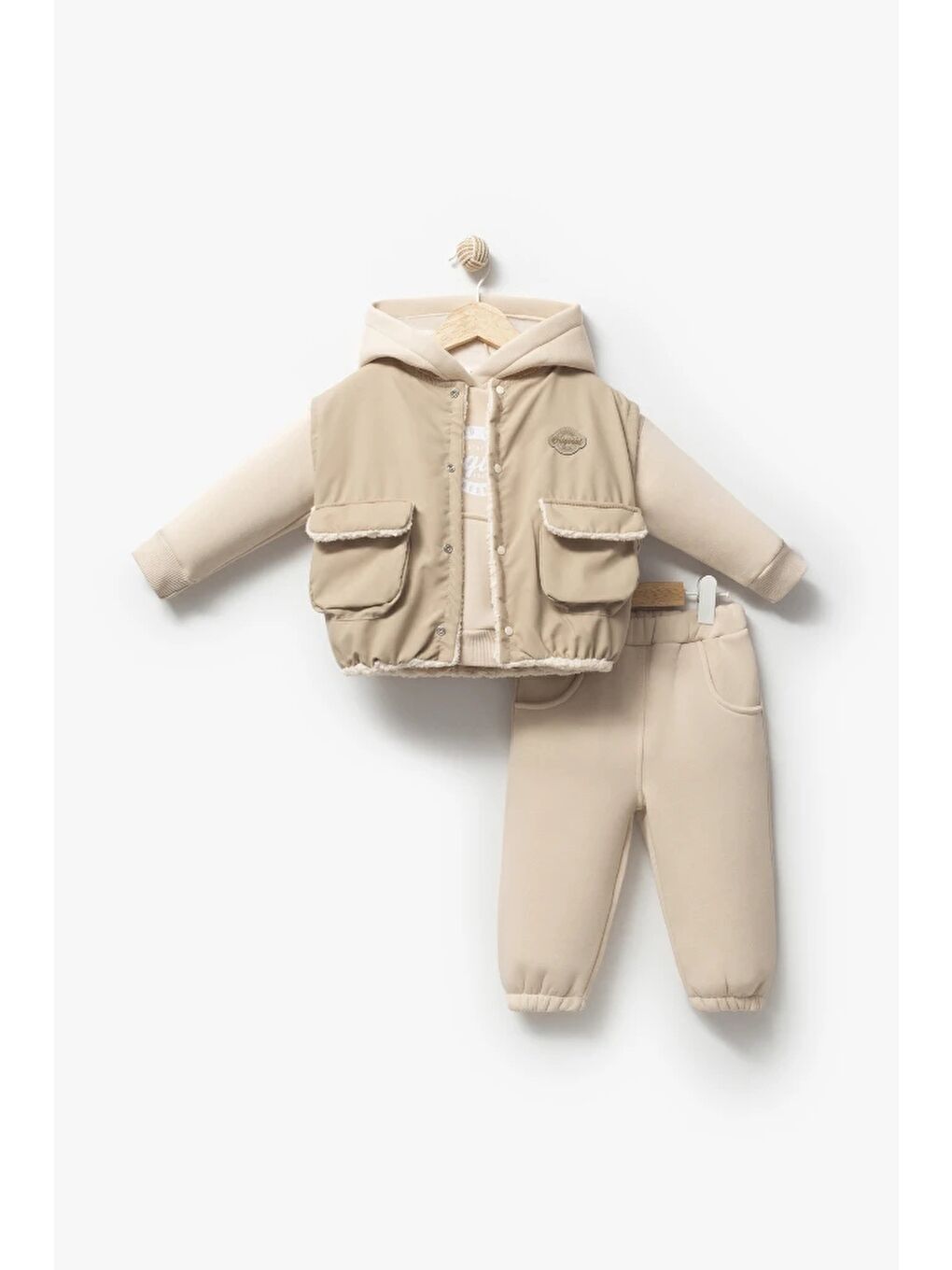 Bej Kapüşonlu Yelekli 3’lü Unisex Bebek Takım 8173-2